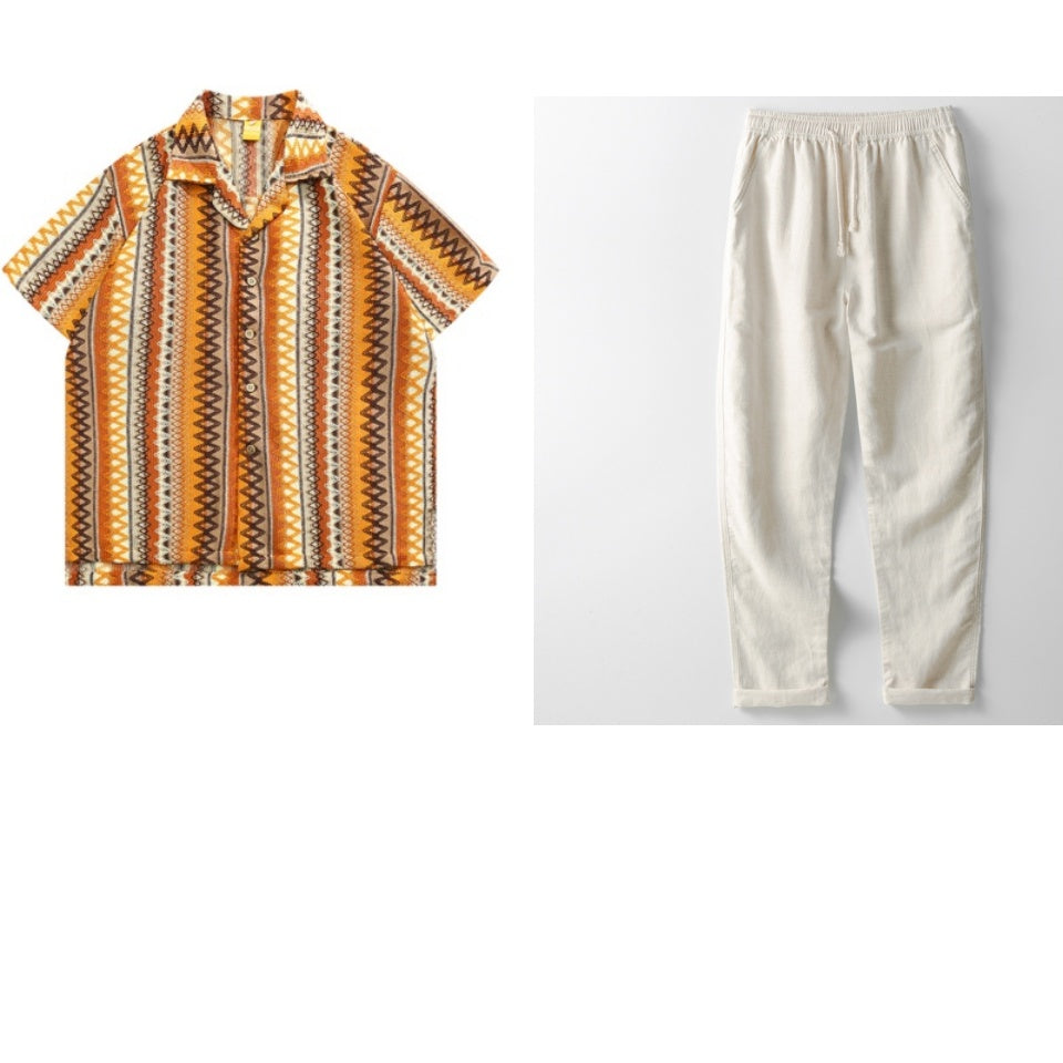 Ethnic Style Woven Contrast Color Cuban Collar Shirt