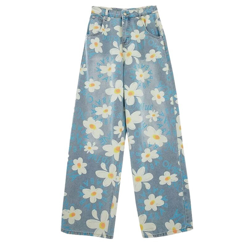 New Summer Printed Floral Wide-leg Washed Jeans For Women