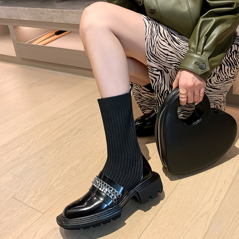 Women's Shoes Leather Knitted Stitching Thin Mid-tube Elastic Socks