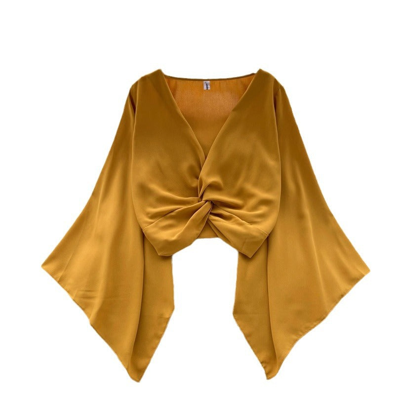 Niche Design V-neck Knot Bell Sleeve Shirt