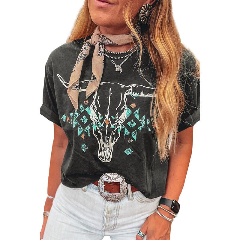 Retro Western-Print Loose T-Shirt In European And American Style