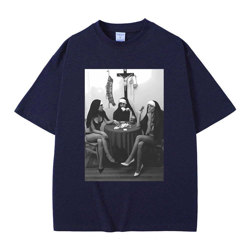 Nuns Naked Playing Card Smoking Drinking Funny Meme T-Shirt