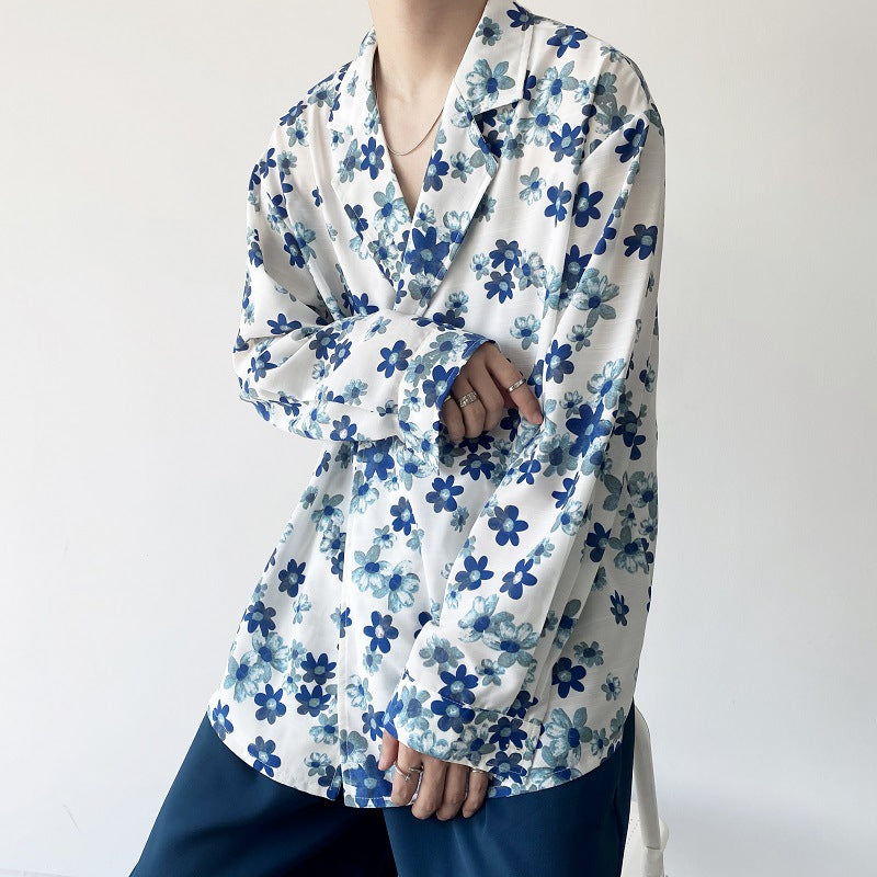 Lightly Mature Textured Ink-wash Painting-inspired Retro Suit-collar Shirt