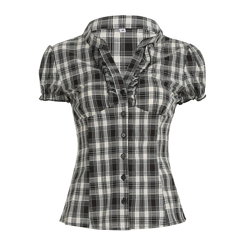 British Style Wooden Ear V-neck Plaid Shirt Elegant Waist Button Puff Sleeve Top
