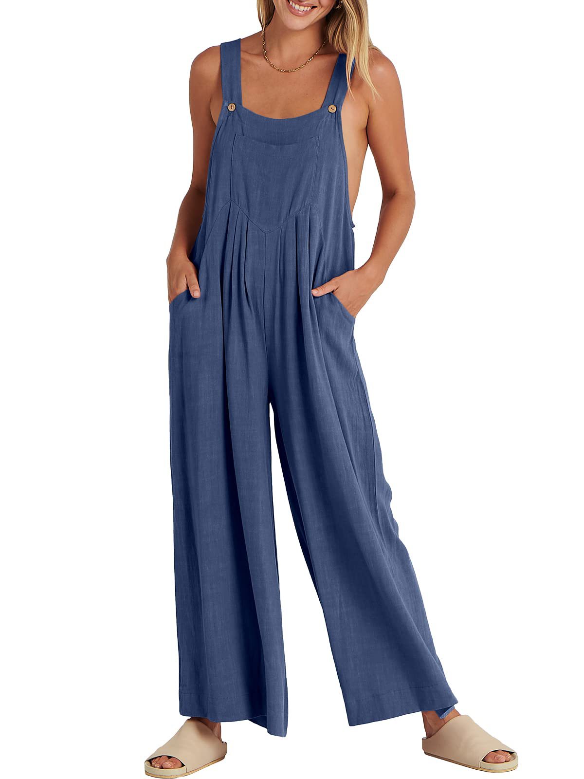 Women's Solid Color Loose Casual Cotton And Linen Suspender Jumpsuit