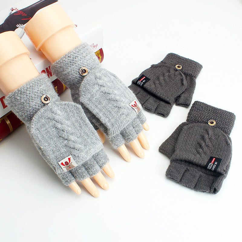 Thin Woolen Knitted Solid Color Clamshell Half-Finger Gloves