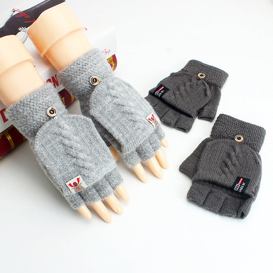 Thin Woolen Knitted Solid Color Clamshell Half-Finger Gloves