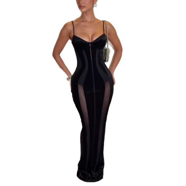 Womens Solid-Color Casual Sexy Slip See-Through Dress