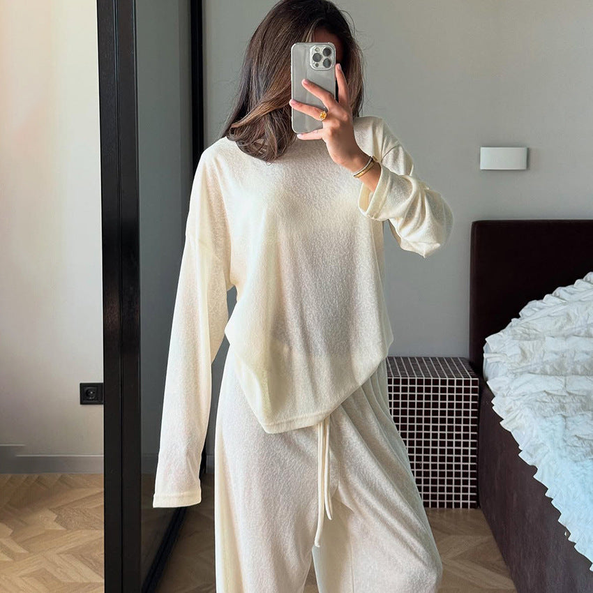 Womens Knitted Stretch Pajamas Loose Comfortable And Casuallong Sleeve Top And Long Pants For Lounging At Home