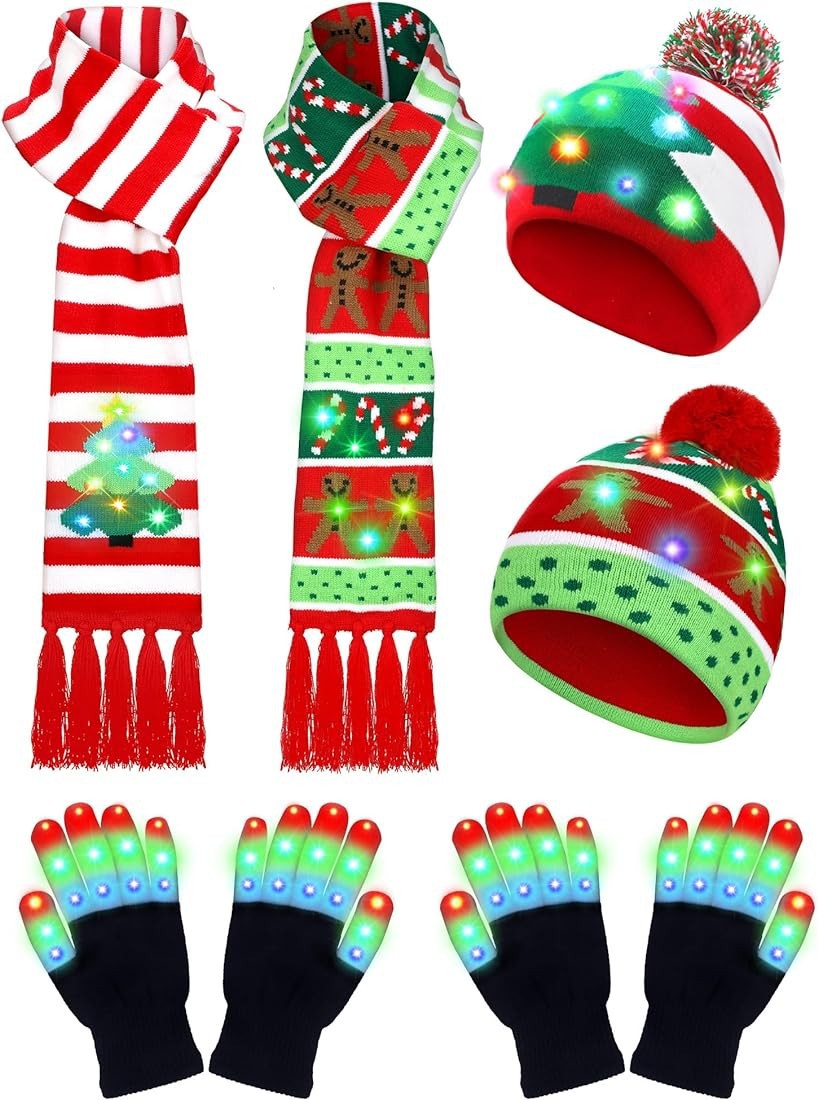 LED Christmas Knitted Hat Scarf Gloves Three-piece Set