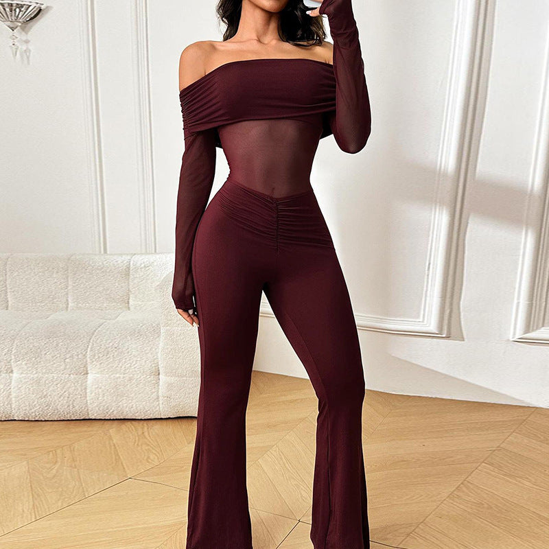 Women's Mesh-Panel Off-the-Shoulder Long-Sleeve Jumpsuit