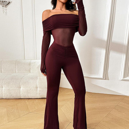 Jumpsuit med meshpaneler, off-shoulder og lange ærmer til kvinder