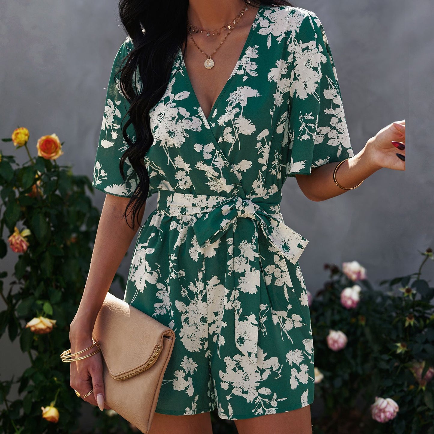V-Neck Short Sleeve Chiffon Jumpsuit Shorts