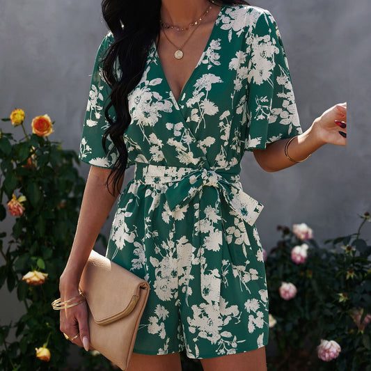 V-Neck Short Sleeve Chiffon Jumpsuit Shorts
