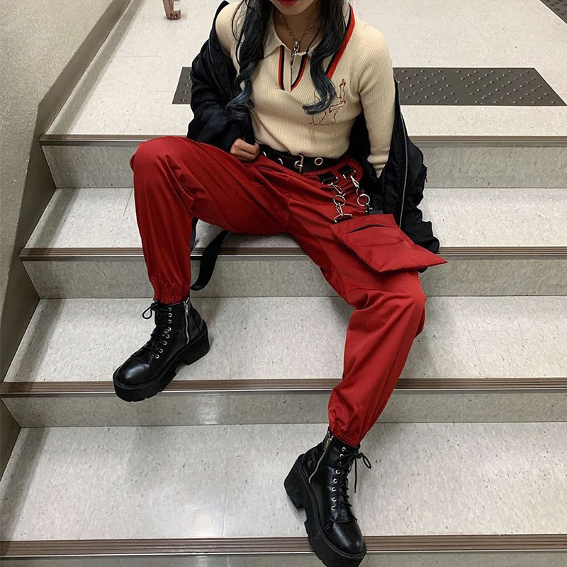 Street Style Metal Element Detachable Chain Pocket Overalls Women High Waist