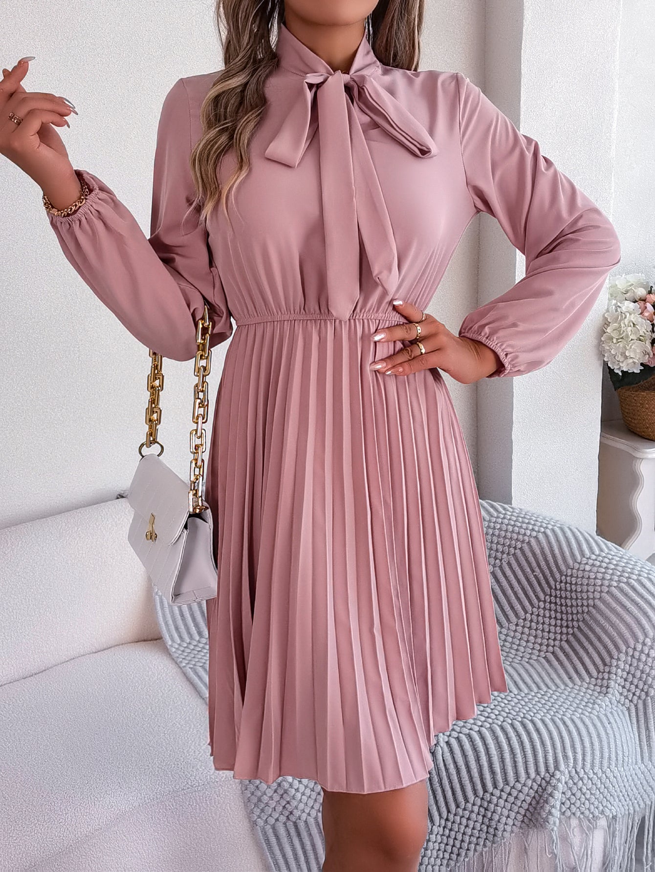 Women's Elegant Tie Waist Long Sleeve Pleated Skirt