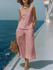 Classic Cotton-linen Square-neck Top And Capri Pants Set