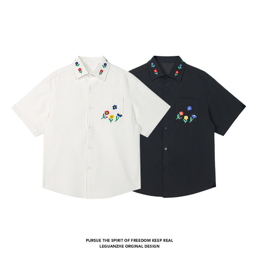 White Background Embroidered Handsome Short Sleeve Shirt