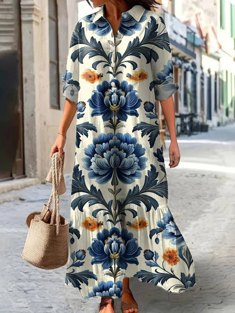 Womens Long-Sleeve Lapel-Neck Digital-Print Dress