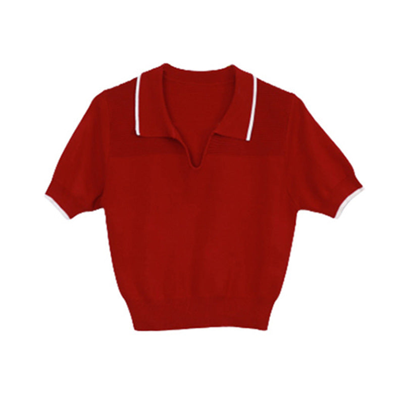 Polo Collar College Style Ice Silk Knitted Short Sleeved T-shirt Women