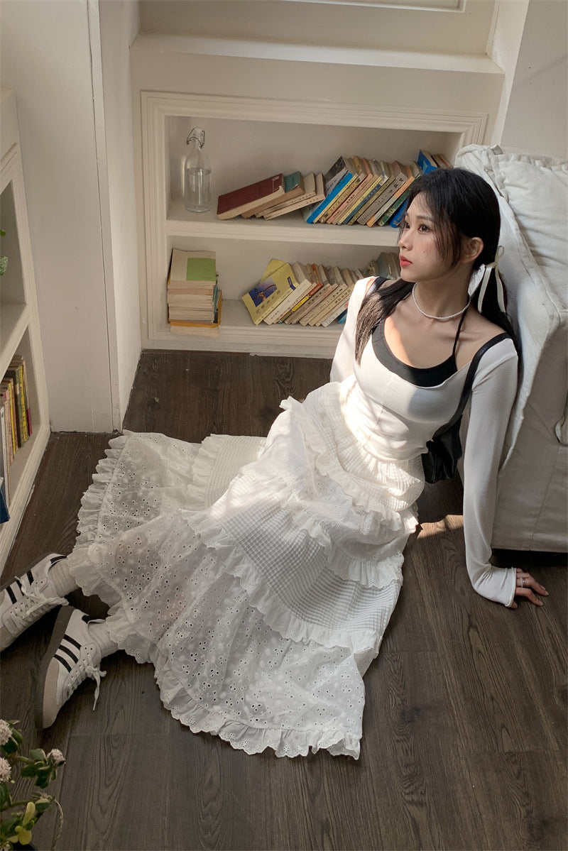 Three-dimensional Crochet Hollow Out Stitching Loose High Waist Skirt