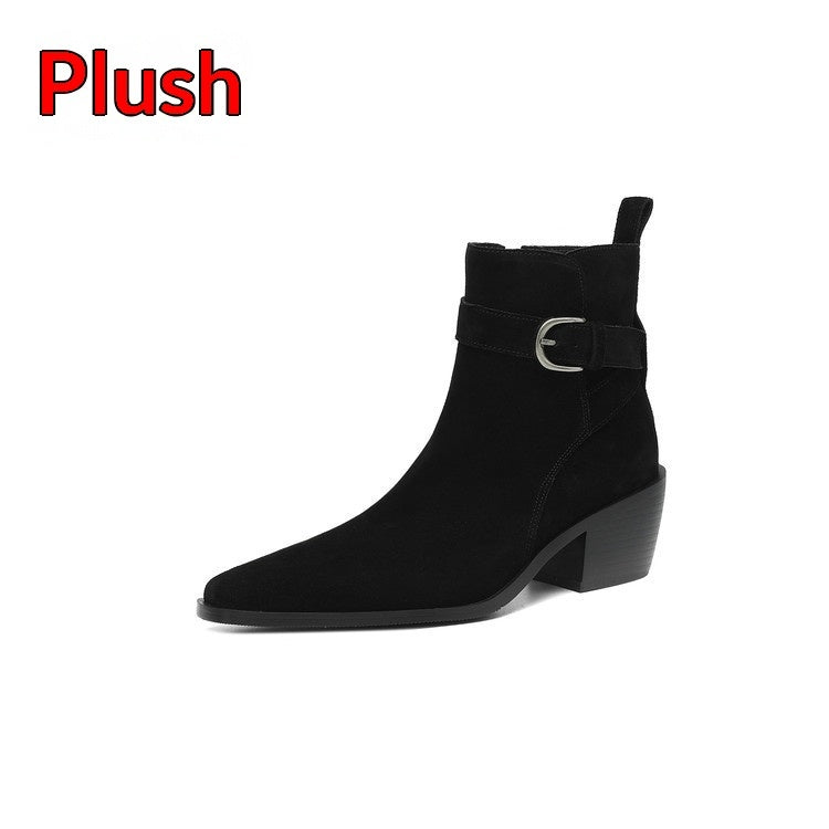 Suede Leather Chunky-heel Autumnwinter Fleece-lined Suede Boots