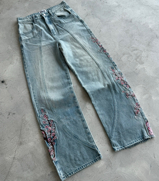 Women's Fashion Personalized Plum Embroidered Jeans