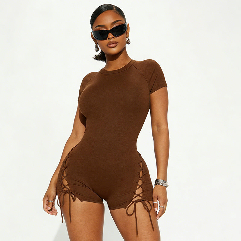 Womens Solid-Color Short-Sleeve Slimming Jumpsuit