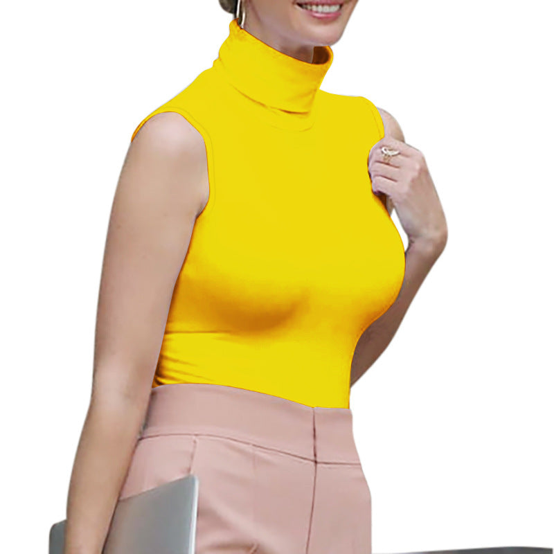 Women's Turtleneck Sleeveless Stretch Cotton T-shirt Vest