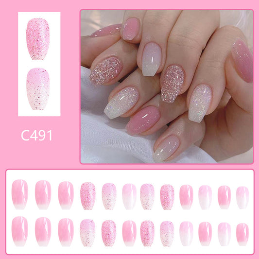 Short Trapezoid Glossy Glitter Gradient Coloring Wear Nail Stickers