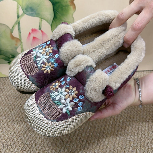 Women's New Chinese-style Thickened Thermal Soft Soled Fleece-lined Embroidered Cotton-padded Shoes