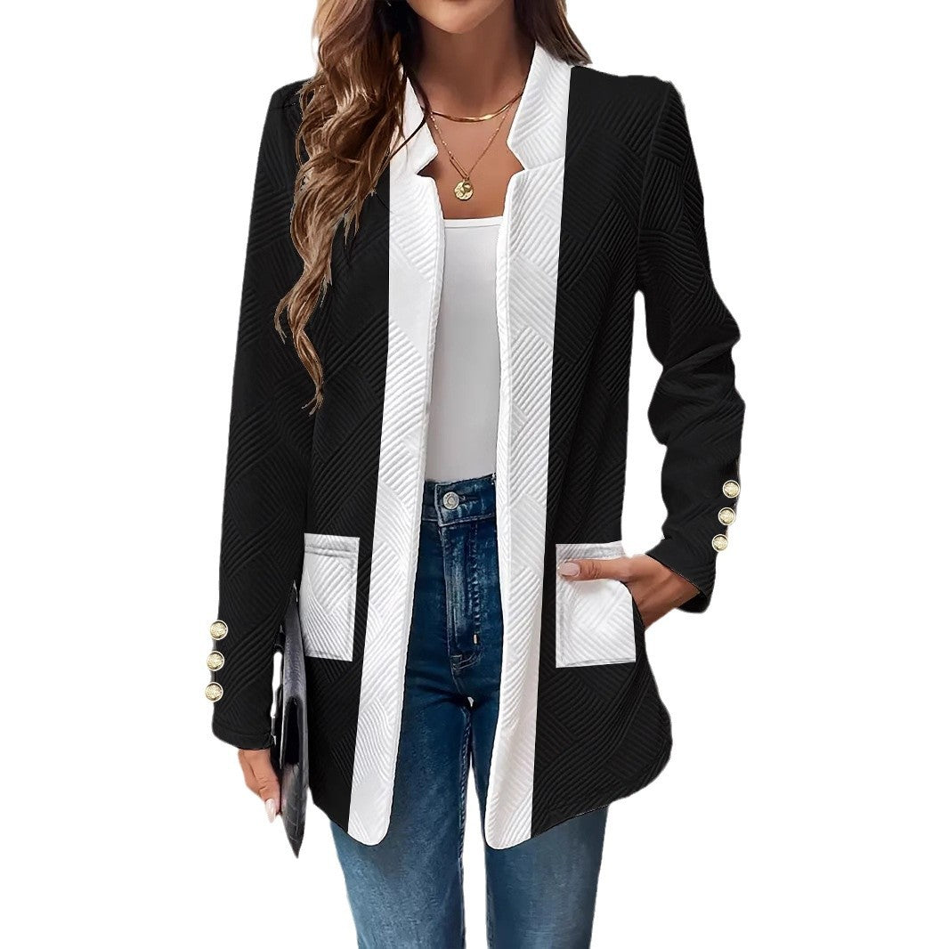 Black And White Patchwork Color Pocket Metal Buckle Suit Jacket