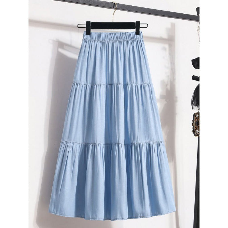 Elastic Waist Ice Silk Denim Skirt For Women