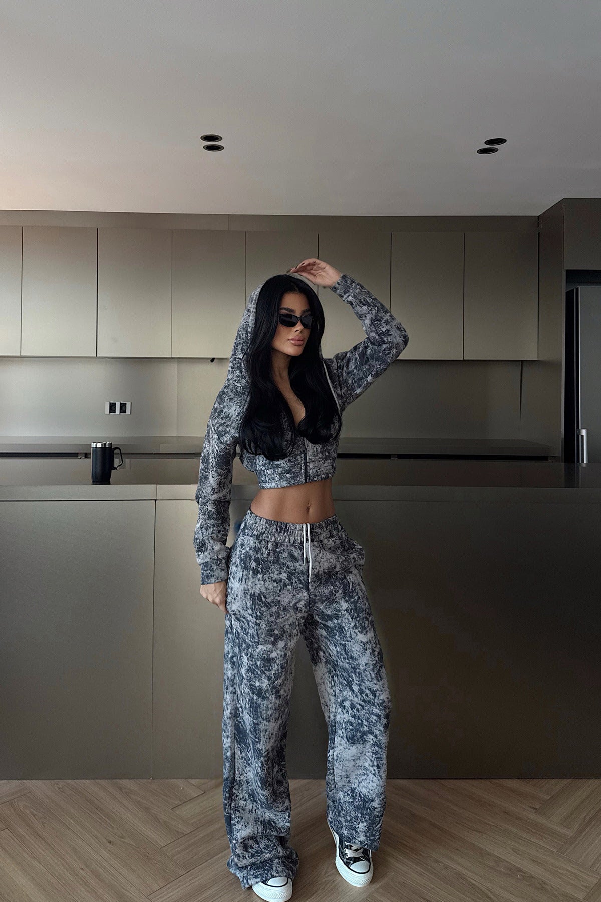 Printed Athletic Set With Zip-up Hoodie And Wide-leg Pants