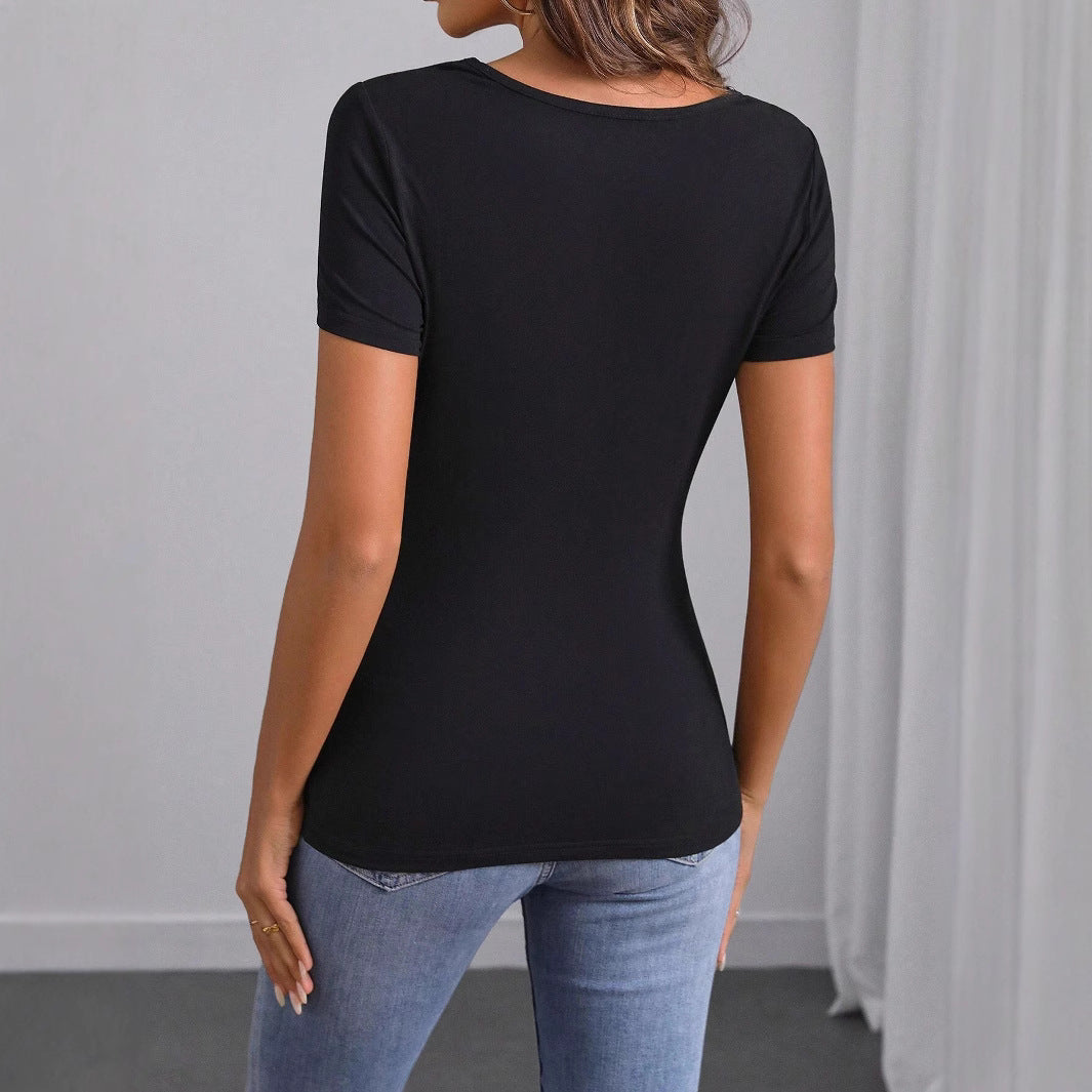 Ladies Solid Color Simple Embroidered Short Sleeve