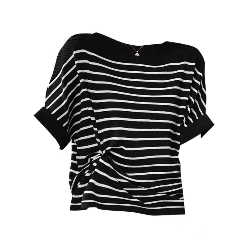 Women's Off-neck Ice Silk Short Sleeve Knitwear All-match Loose Striped Top