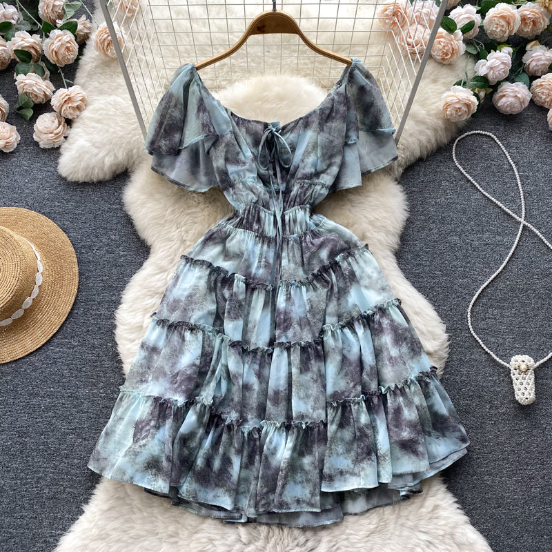 New Summer Light-Luxury Court-Style Oil-Paint French-Print Waist-Cinching Dress