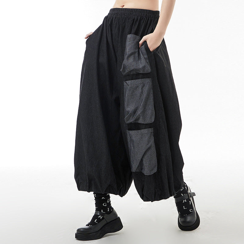 Retro Hong Kong Style Color Contrast Patchwork Wide-leg Jeans High Waist Slimming Casual Straight-leg Cropped Pants