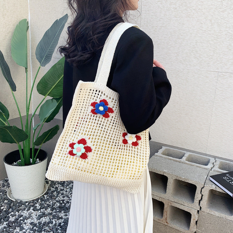 Hollow Knitted Bag Westernized Flower One Shoulder Handbag