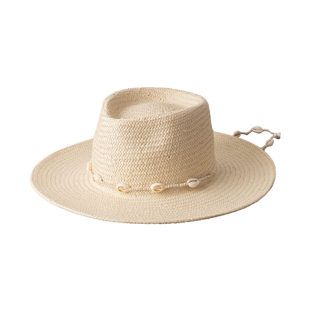 Retro Shell Tied Wide-brimmed Papyrus Jazz Hat Ladies Outdoor Sun Protection