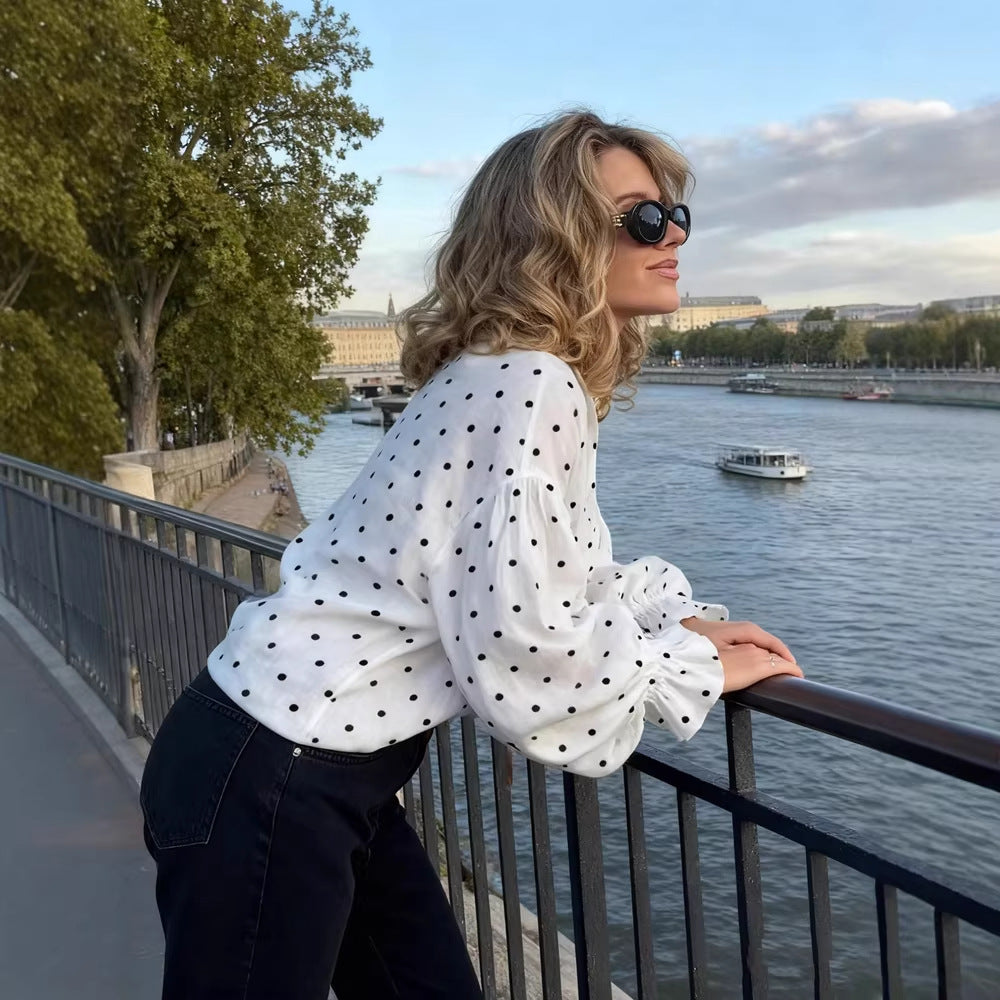 Early-Autumn Loose Casual Polka-Dot Shirt With Front Buttons For A Stylish Look