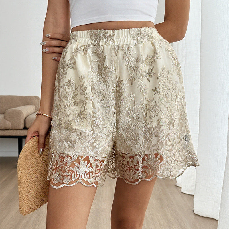 Light-luxury Style Loose-fit Lace-trimmed High-waist Embroidered Shorts