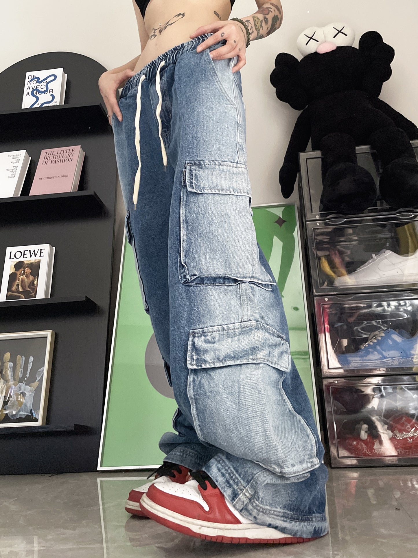 Vintage jeans med elastik i taljen og mange lommer