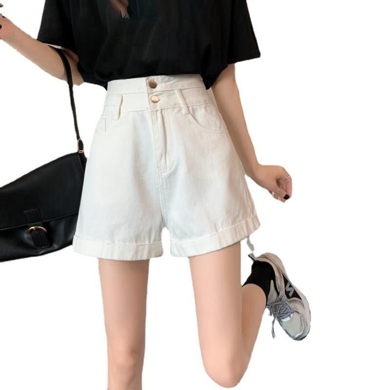 Two-button High Waist Denim Shorts Women's Wide Leg Curling A- Line Hot Pants Tide