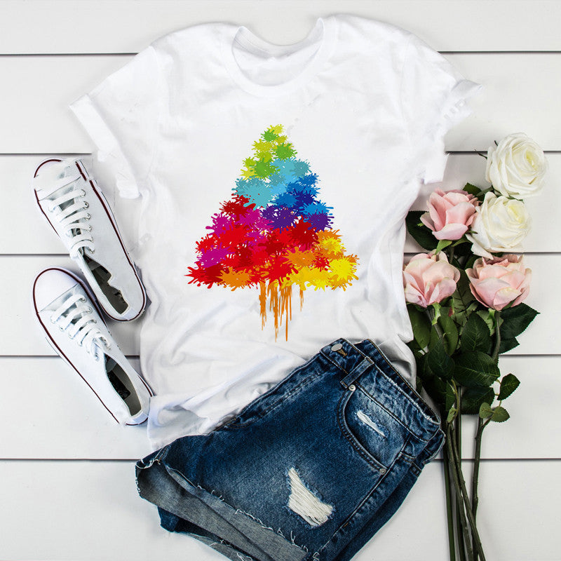 Christmas Hot Sale Colorful Christmas Tree Print Short Sleeves