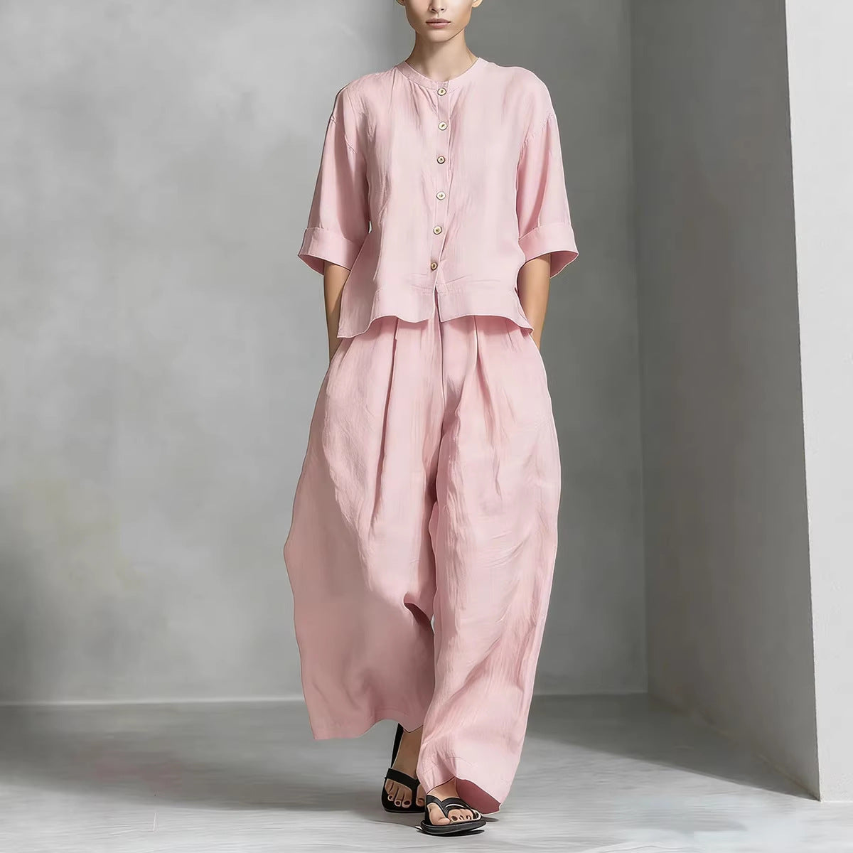 Solid-color Cotton-linen Shirt And Loose-fitting Trousers Two-piece Set