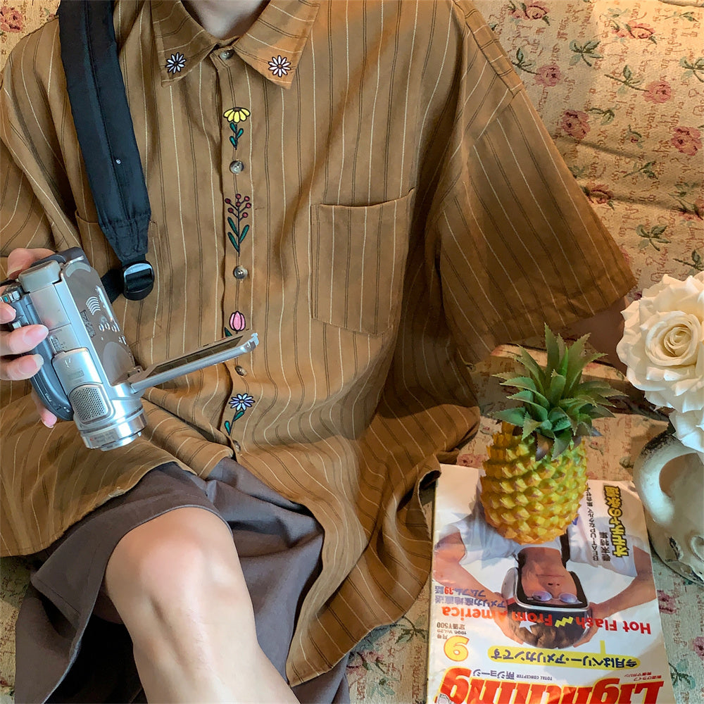 Vintage Broderet Kortærmet Skjorte med Lodrette Striber