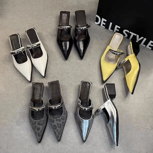 Nye Forårs- Og Sommermetalspænde Fransk Stil Slip-on Lukkede Tå Hjemmesko til Kvinder