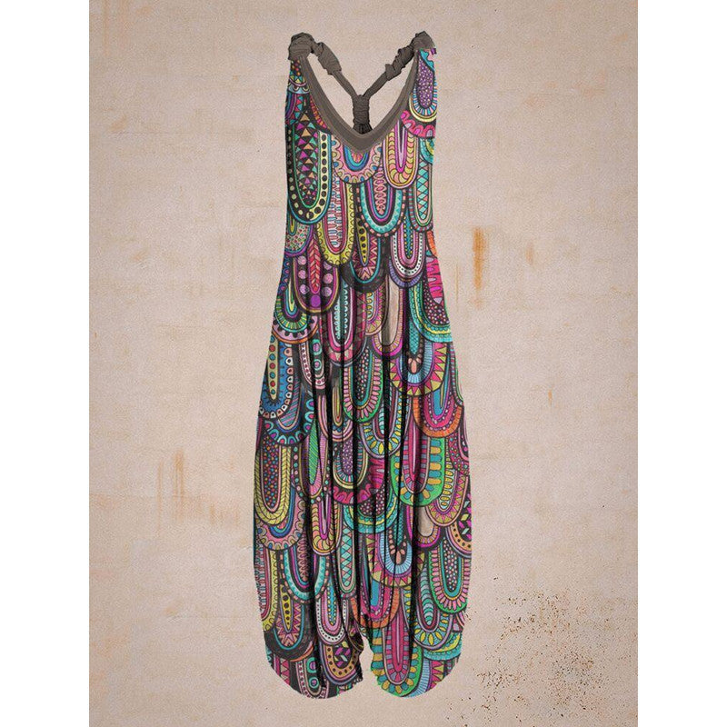 Printed Loose Large Size Haren Pants Beach Suspender Jumpsuit