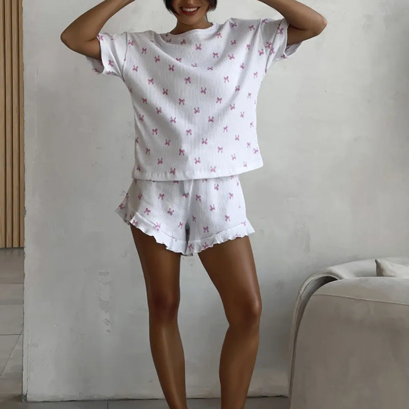Casual Women's Home Bow Print Short Sleeve Lace Shorts Set